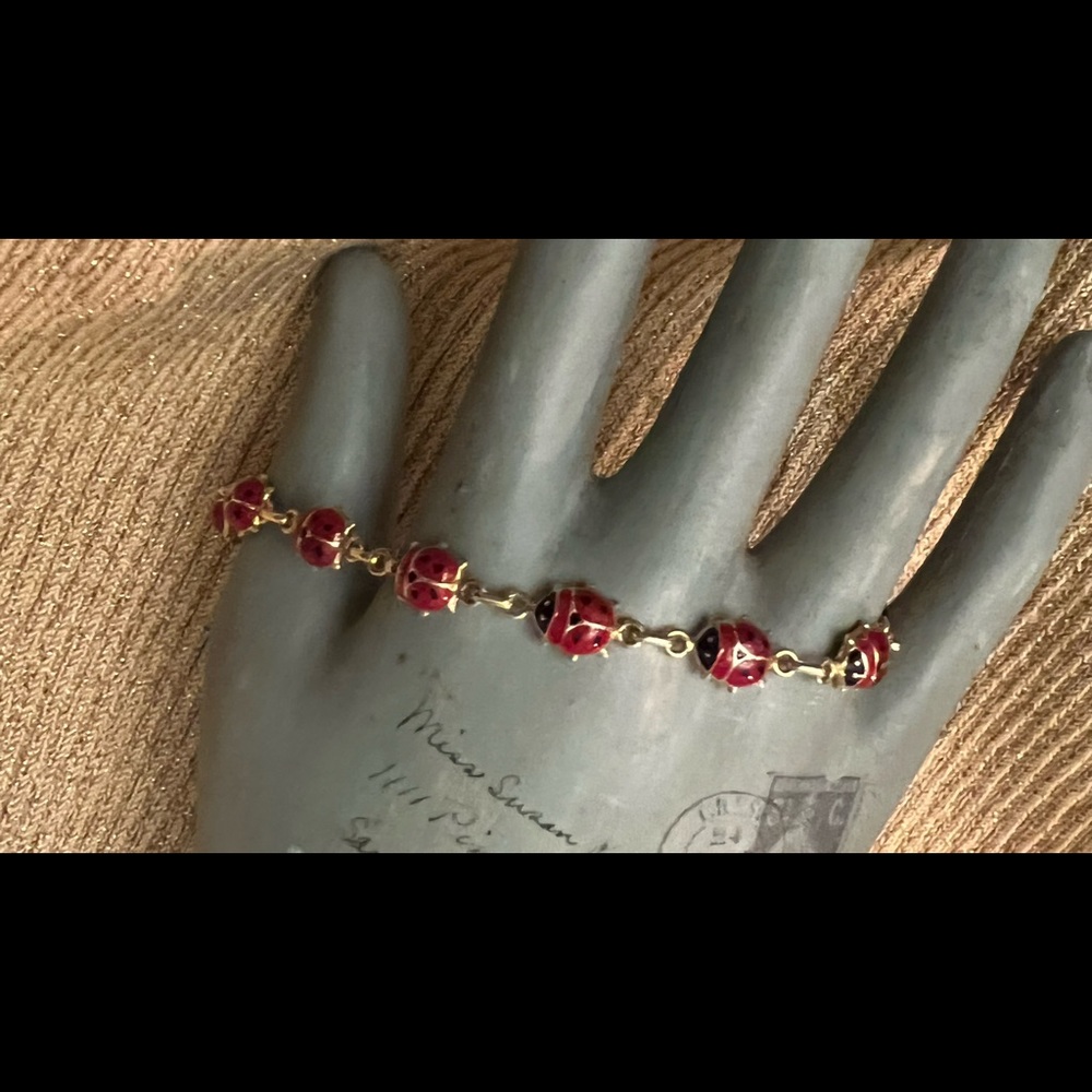 14K REAL GOLD+ENAMEL LADY BUG BRACELET 7”